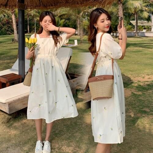 8027# Summer Korean Fashion Maternity Long Dress Elegant A Line Slim Waist Loose Clothes for Pregnant Women Casual Pregnancy