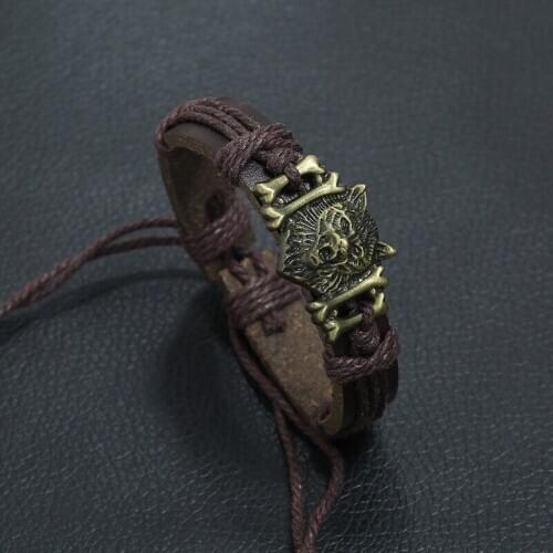 Retro Punk Alloy Carving Wolf Head Leather Bracelet Personality Wild Animal Adjustable Rope Chain Bracelets Bangles Men Jewelry