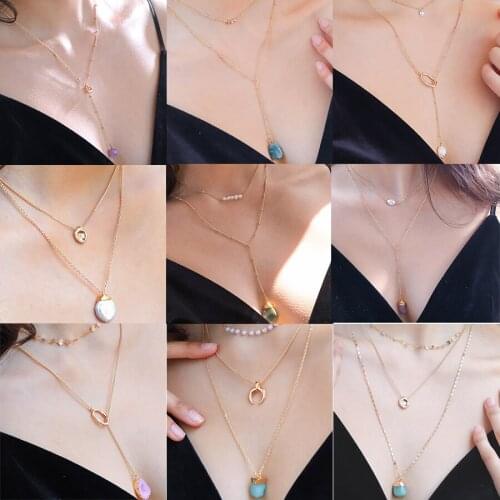 2019 Summer Gold Ckoker Necklace For Women Multi Layer Metal Moon Pendant Necklace Green Natural Stone Real Pearl Jewelry