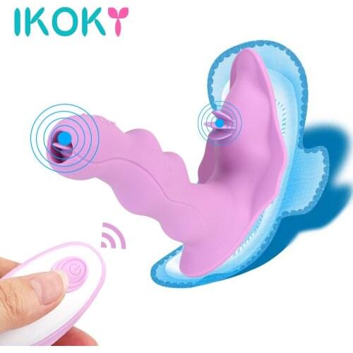 IKOKY Wearable Clitoris Stimulator Sex Toy for Women Double Suction Vibrator Remote Control Dildo Vibrator Tongue Licking 7 Mode