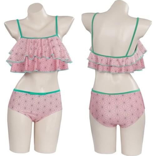 Demon Slayer Kamado Nezuko Cosplay Costume Pink Swimwear Outfits Summer Beach Women Bikini Clothing