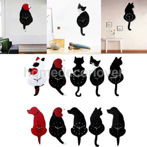 Creative Acrylic Cats Dogs Wall Clock Tail Wag Swing Pendulum Clock Home Decoration Kids Student Gifts