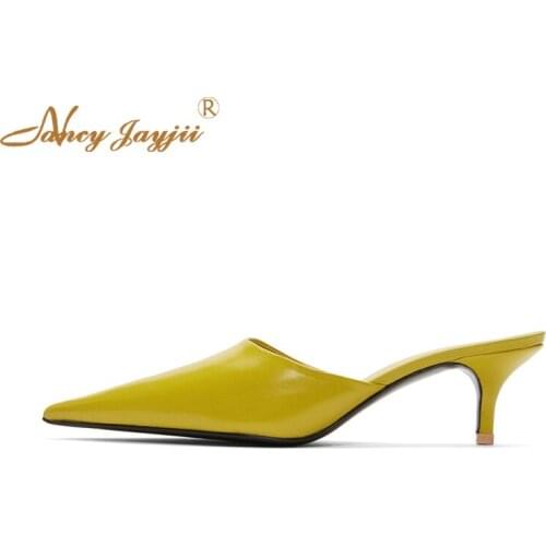 Black Yellow Mules Low Heels Slippers Pointed Toe Slides Casual Shoes For Women Summer 2019 Big Size 11 13 Patent Leather Soft