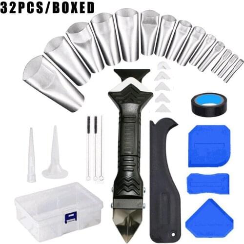 32Pcs/Set 3 in1 Caulking Tools Stainless Steel Sealant Caulk Nozzle Silicone Sealant Grout Scraper Caulk Remover Plastic Set