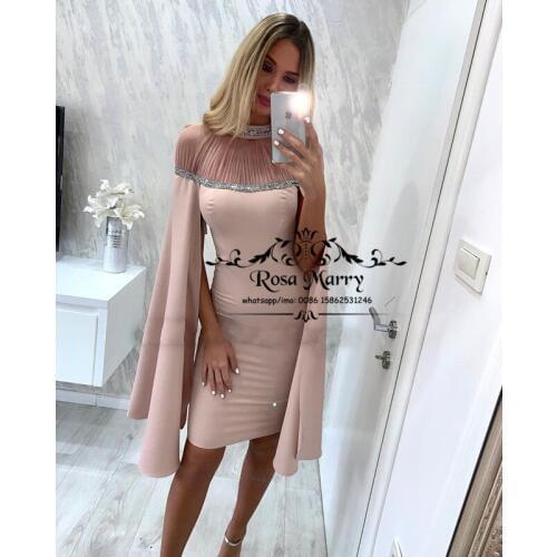 Blush Pink Caped Cheap Cocktail Party Dresses 2020 Sheath Plus Size Sequined Beaded Short Knee Length vestidos de fiesta de noch