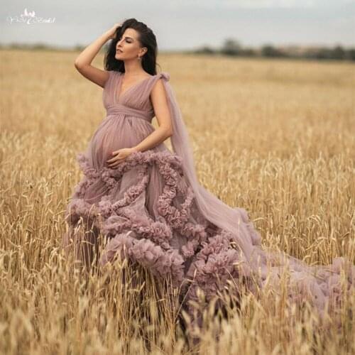 LZY002 Nightgown Photography Robe For Photo Shoot or Baby Shower Ruffle Tulle Chic Women Dresses Dusty Pink Maternity Dress