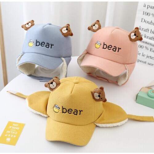 2020 New Warm Childen Winter Wool Baseball Cap Ear Flaps Boys and Girls Hats Thicken Cotton Fitted Cap Cute Bear Cap Windbreak