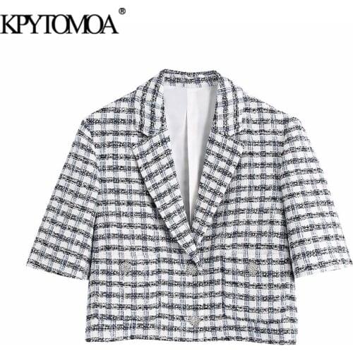 KPYTOMOA Women 2021 Fashion With Buttons Tweed Cropped Blazer Coat Vintage Short Sleeve Pockets Female Outerwear Chic Veste