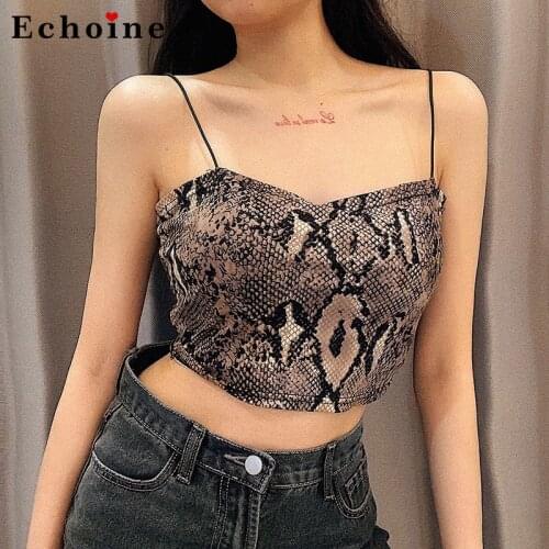 Sexy Women Snakeskin Print Sleeveless Camis Strap Slim-Fit Crop Top Backless Bodycon Summer Lady Party Club Highstreet Clothing