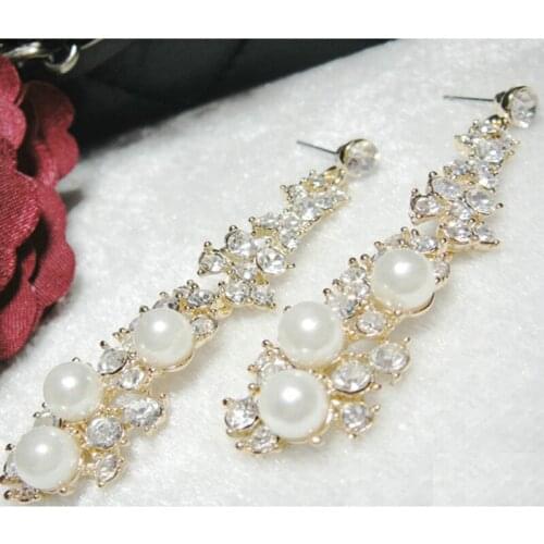 Exaggerated Luxury Starry Bling Clear Crystal White Simulated Pearl Beads Dangle Earrings Golden Drop Earrings For Women