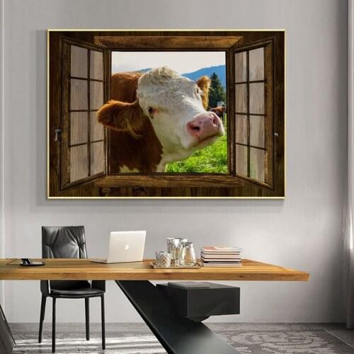 SELFLESSLY Cow Window Canvas Prints Abstract Wall Painting Animal Posters HD Pictures for Wall Art for Living Room Home Decor