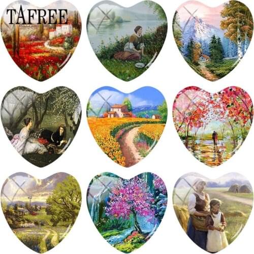 TAFREE Beautiful Country Spring Landscape Paintings Glass Cabochon 25mm Heart Shape Glass Dome Gems Beads DIY Jewelry Findings