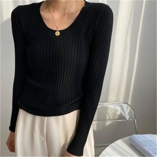 Women Basic Slim Warm Knitted Tops Casual Skinny Stretch Long Sleeve Female Pullover Sweaters 2021 korean New Autumn Deep O-neck