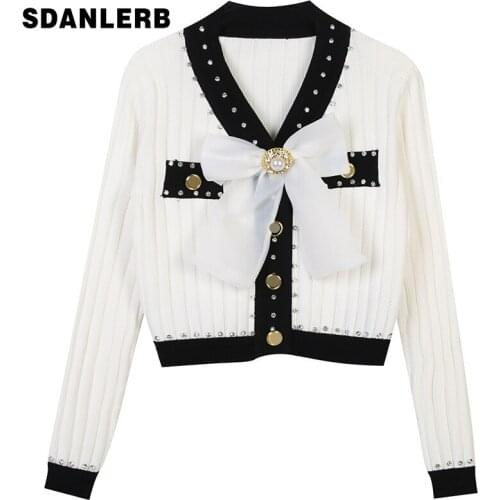 2021 Autumn Winter New Womens Sweater V-neck Long Sleeve Contrast Color All-matching Bow Beaded Slim Short Knitted Cardigan