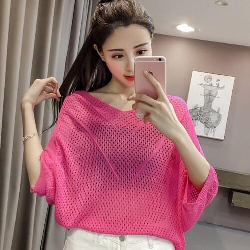 Summer Loose Knit Sweater Women Fashion Sexy V-Neck Female Hollow Out knitted Pullover Ladies Casual Tops Clothes