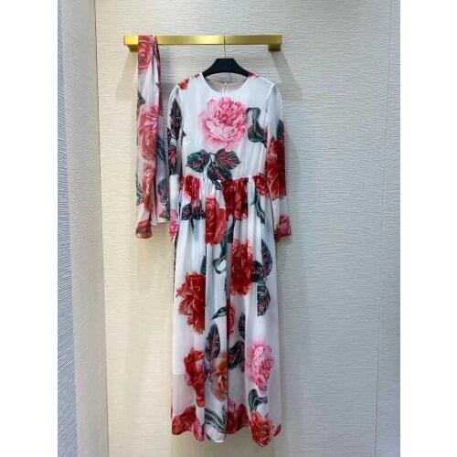 2021 Early Spring Runway Long Dresses Fashion New Flowers Print Dress China Style O Neck Belt Boho Dresses