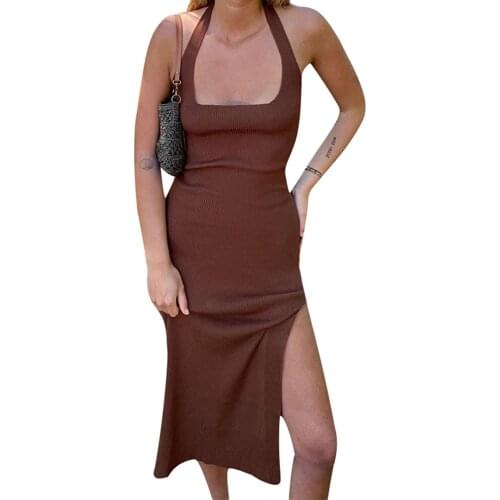 Sexy Backless Knitted Halter Dress 2021 Fashion Women Sleeveless Solid Hollow Out Slim Fit Midi Dress Holiday Casual Split Dress
