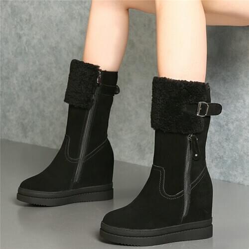 Winter Warm Fur Pumps Shoes Women Genuine Leather Wedges High Heel Snow Boots Female High Top Round Toe Platform Oxfords Shoes