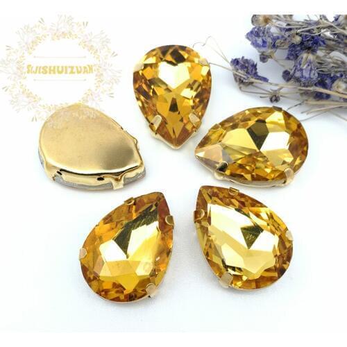 Golden yellow Water drop shape Glass Crystal sew on rhinestones with GOLD four claw Diy Clothing accessories Free shipping