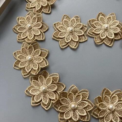 1 Yard Gold Pearl Beaded Embroidered Flower Lace Trim Floral Applique Patches Fabric Sewing Craft Vintage Wedding Dress 5CM New
