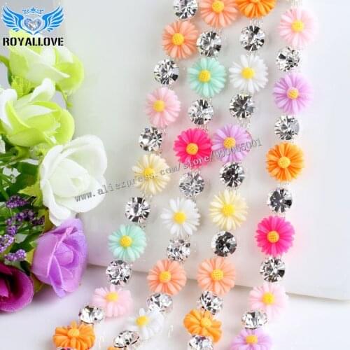 2Yard Colorful Crystal Rhinestone Golden flower Chain DIY Bridal Wedding Dress Decoration Trim Applique Sew on Garment Shoes Bag