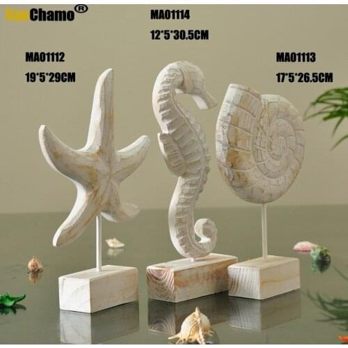 Mediterranean Style Wood Crafts Home Decoration Accessories Wooden Crafts Starfish Conch Hippocampus Wood Carving Marine Decor