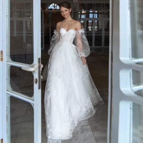 Eightale Bohemian Wedding Dress Sweetheart Appliques Lace Detachable Sleeves Wedding Gown Boho Bridal Dress vestido de noiva