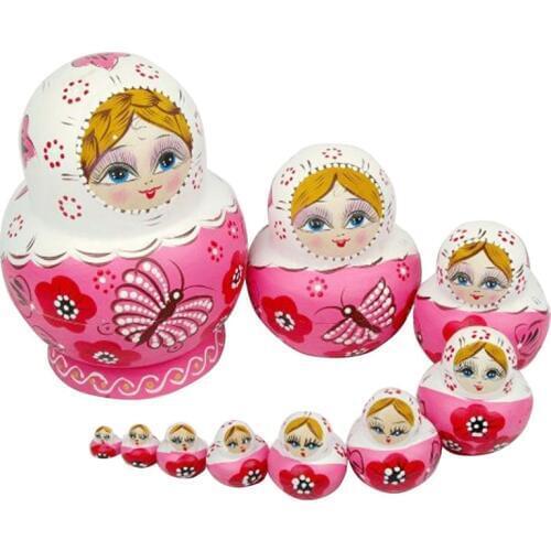10PCS Wooden Matryoshka Doll Pink Wooden Russian Nesting Dolls Gift Matreshka Handmade Crafts for Girls Christmas Gifts