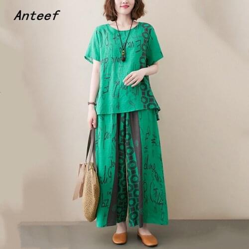 Cotton vintage summer casual 2 two piece set loose short sleeve tee t shirt women t-shirt ladies tshirt 2021 tops wide leg pants