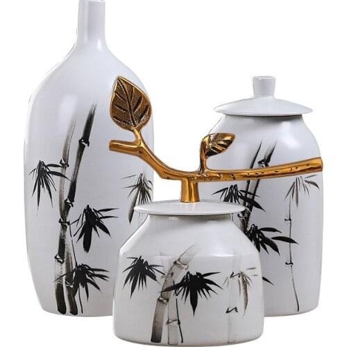 Chinese Bamboo Pattern Ceramic Flower Vase with Lid Storage Box for Hotel Office Home Decoration
