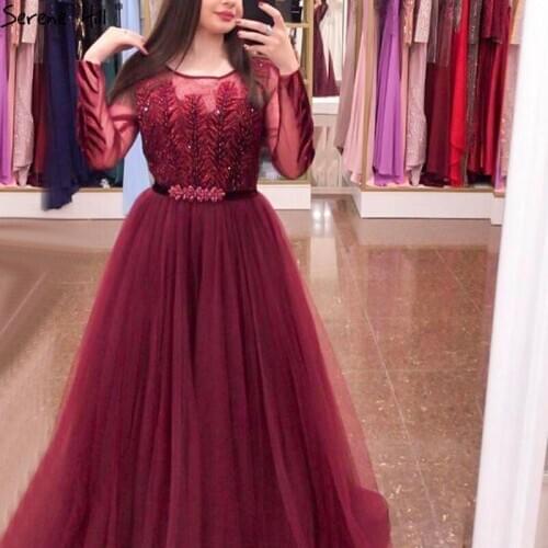 Wine Red A-Line Tulle Design Evening Dresses Long Sleeves Crystal Luxury Formal Dress Serene Hill 2020 LA70280