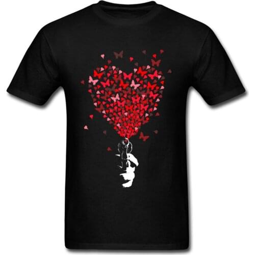 100% Cotton Men Black Red T-shirt Love Gun Creative Cartoon Print Adult Short Sleeve Tee Shirt Heart Butterfly Painting