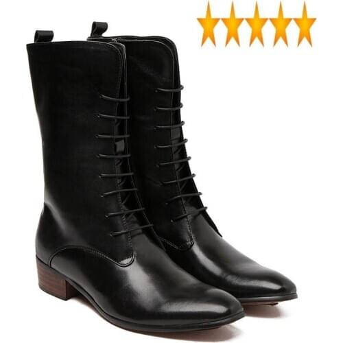 Men Up Fashion Mid-Calf Lace Personality Punk Motor Biker Genuine Leather Shoes Male Large Size Boots Rock Footwear
