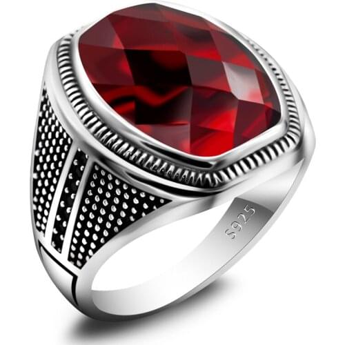 Real 925 Sterling Silver Punk Signet Rings Red Cubic Zircon Ring for Men Party Fine Handmade Jewelry