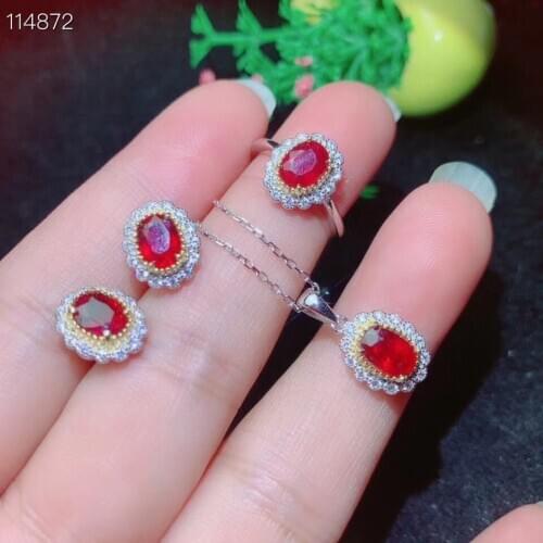 100% Real and Natural Ruby Set 925 Sterling Silver 1pc Ruby Ring,2pcs Ruby Earring,1pc Ruby Pendant Engagement Best Gift