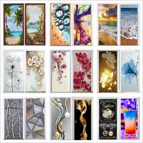 Flower Door Stickers For Living Room Bedroom Decoration Abstract Art Water Drop Adhesive Wallpaper Poster Home Decor Wall Decals