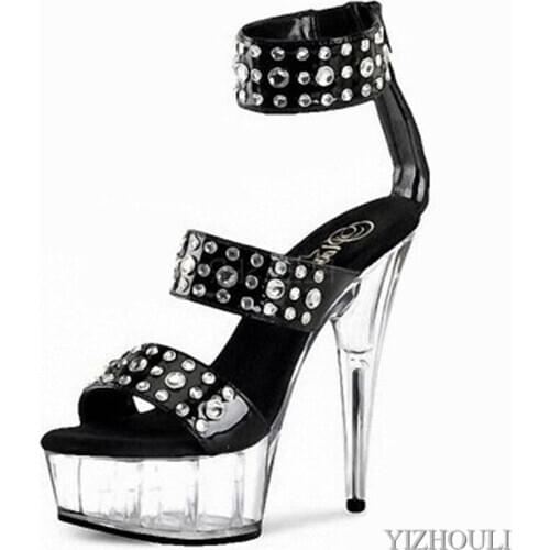6 inches New style, beautiful transparent platform rivet decorates high heel, 15CM sexy model sandal, pole dancing shoe