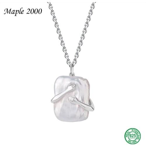 Couple Pendant Necklace 925 Sterling Silver Hug Necklace Square Baroque Pearl Pendant Mens and womens 1 pair necklaces Jewelry