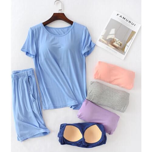 With Chest Pad 2Pcs Pajamas Sets Modal Sleepwear Womens Summer Short Sleeve Home Clothes Pyjama Femme Lounge Wear Large