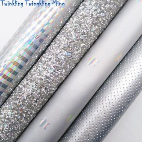 Silver Chunky Glitter Leather, Iridescent Stripes Stars Printed Synthetic Leather Faux leather 21x29CM Twinkling Ming KM470