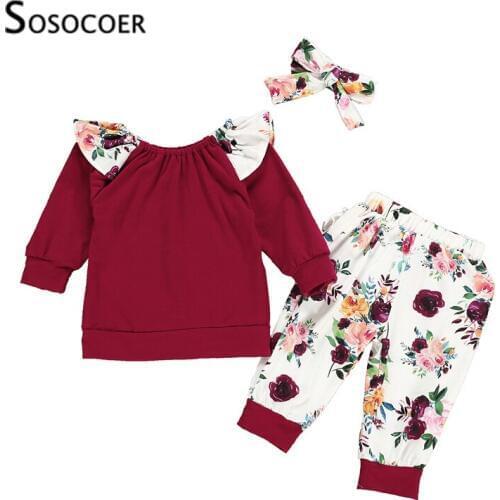 SOSOCOER Newborn Girls Clothes Set Spring Autumn Solid T-shirt+Floral Pants+Headband 3pcs Toddler Baby Clothing Outfits