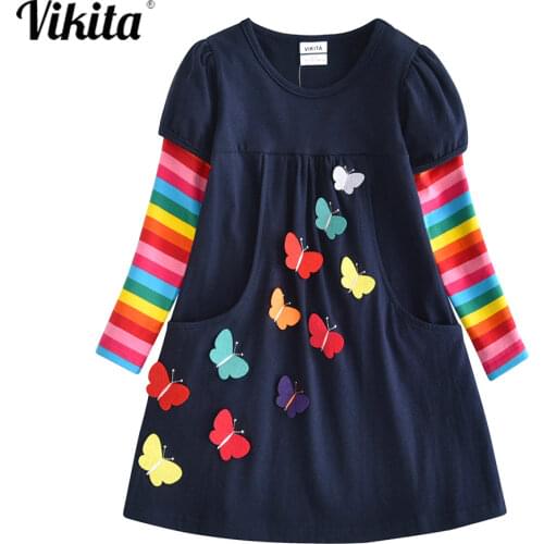 VIKITA Girls Dress Cotton Kids Embroidery Butterfly Dress with Pockets Autumn Winter Long Sleeve Dress for Kids 3-12Years