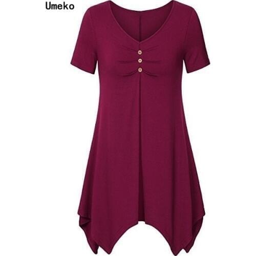 Umeko New Womens Fashion Short Sleeve Handkerchief Hem Tunic Tops Ladies Sexy V-neck Solid Color Plus Size Tops Blouse Dress