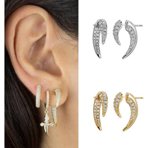 Exquisite 18K Gold Filled CZ Stud Earrings For Women Pave Double Spike Mini Tusk Ear Jacket Fashion Jewelry