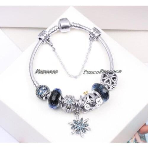 925 Sterling Silver Snowflake With Crystal Pendant Beaded Bracelet For Women Wedding Gift Fashion Jewelry