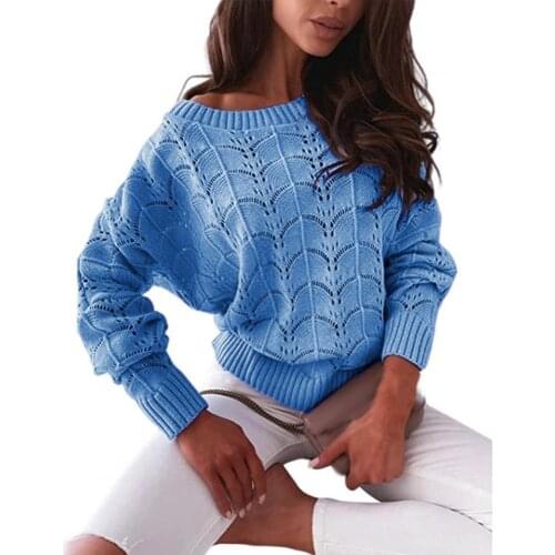 Women Sweater Pullover Hollow Out Batwing Sleeve Autumn Winter Loose Solid Color See Through Off Shoulder Knitted Top Streetwear