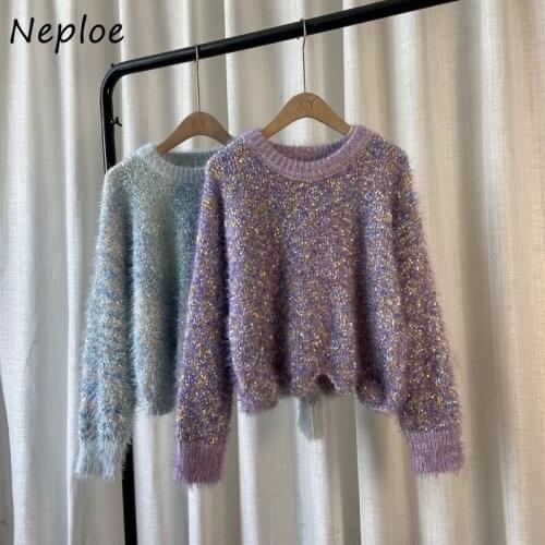 Autumn New Mixed Color Women Sweaters O-neck Long Sleeve Knitted Tops Mujer Wavy Hem Design Female Sweater Crop Top 2021