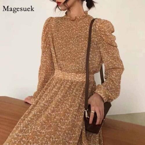Vintage 2020 Stand Collar Ruched Sleeve Floral Print Dress Elastic Waist Female A-line Women Spring Dress Vestidos Femme 11453