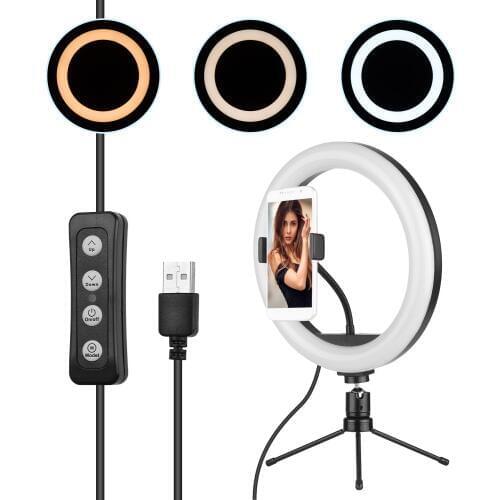 10 Inch LED Ring Light Fill-in Lamp Built-in 120LEDs 10W Dimmable 2700-5500K+Ballhead Phone Holder for iPhone Huawei