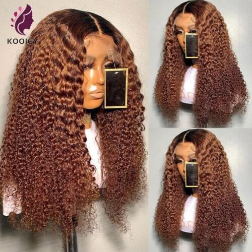 150 Density Kinky Curly Black Root Ombre Brown Colored 13x4 Lace Front Human Hair Wigs Brazilian Pre Plucked Lace Closure Wigs